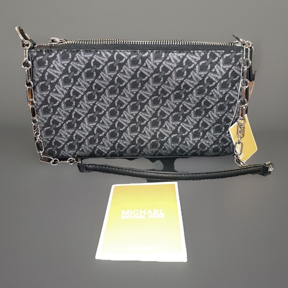 NWT✨Michael Kors Empire Medium Patent Chain Link Pochette Black Silver‎ Monogram - Picture 2 of 6